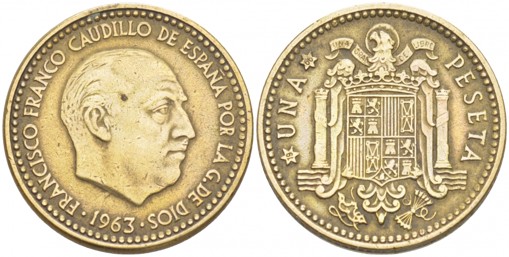ИСПАНИЯ 1 ПЕСЕТА 1963 (66) ФРАНСИСКО ФРАНКО ДИКТАТОР ИСПАНИИ (1939-1975) KM 775 алюминиевая бронза 87-1437