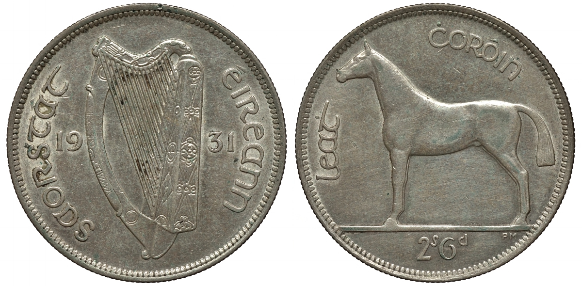 Ирландия 1/2 кроны = 2 шиллинга 6 пенсов 1931 лошадь KM 8 серебро 441-341
