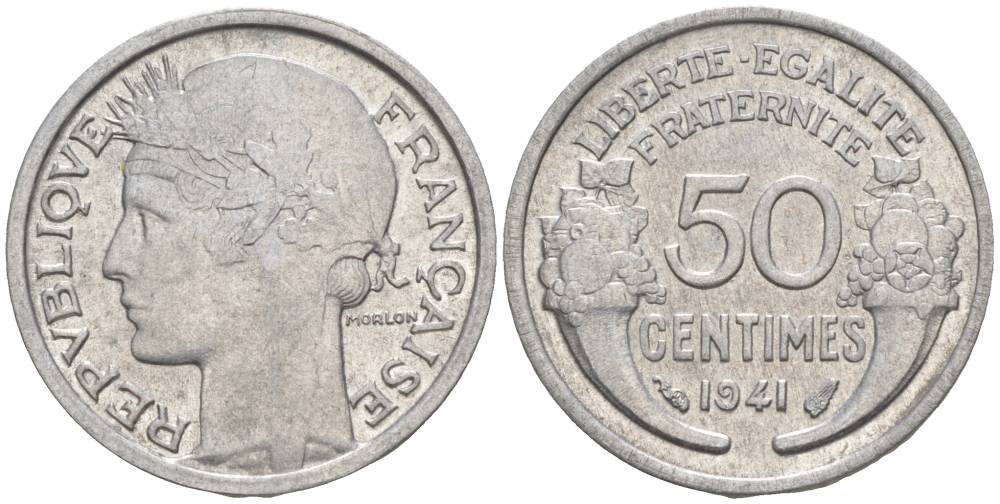 ФРАНЦИЯ 50 САНТИМОВ 1941 ТИП MORLON LOURDE KM 894.1a, LE FRANC 193.2 алюминий 44-156