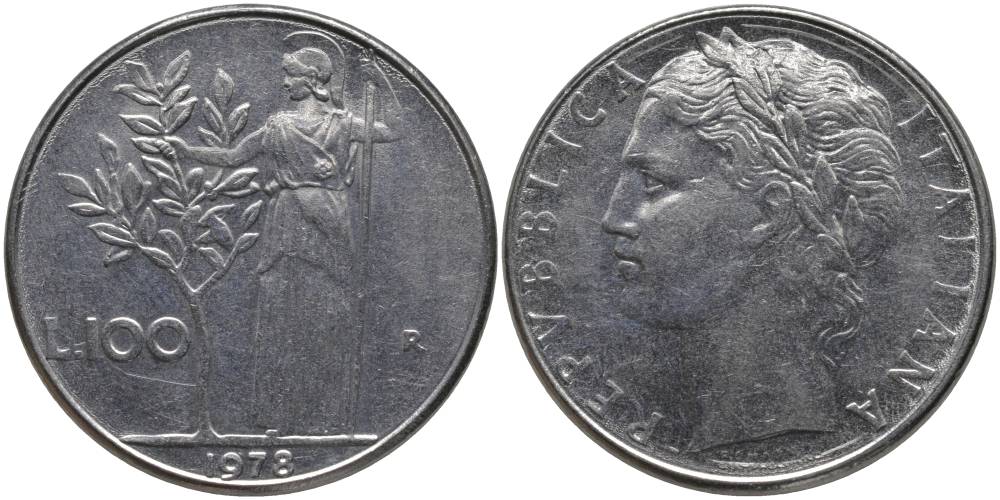 ИТАЛИЯ 100 ЛИР 1978 R, АФИНА KM 96.1 нержавеющая сталь 97-433