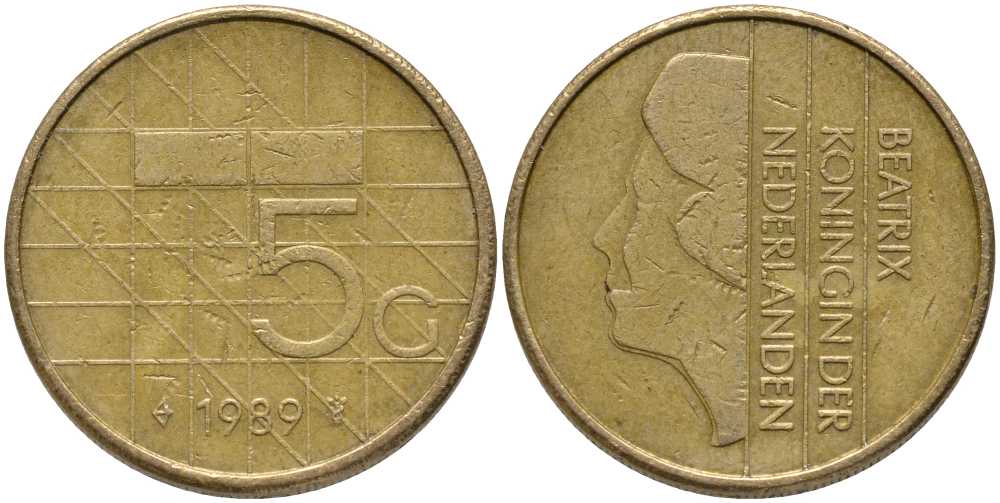 Нидерланды 5 гульденов 1989 Беатрикс (1980-2013) KM 210 никель плакированный бронзой 109-943