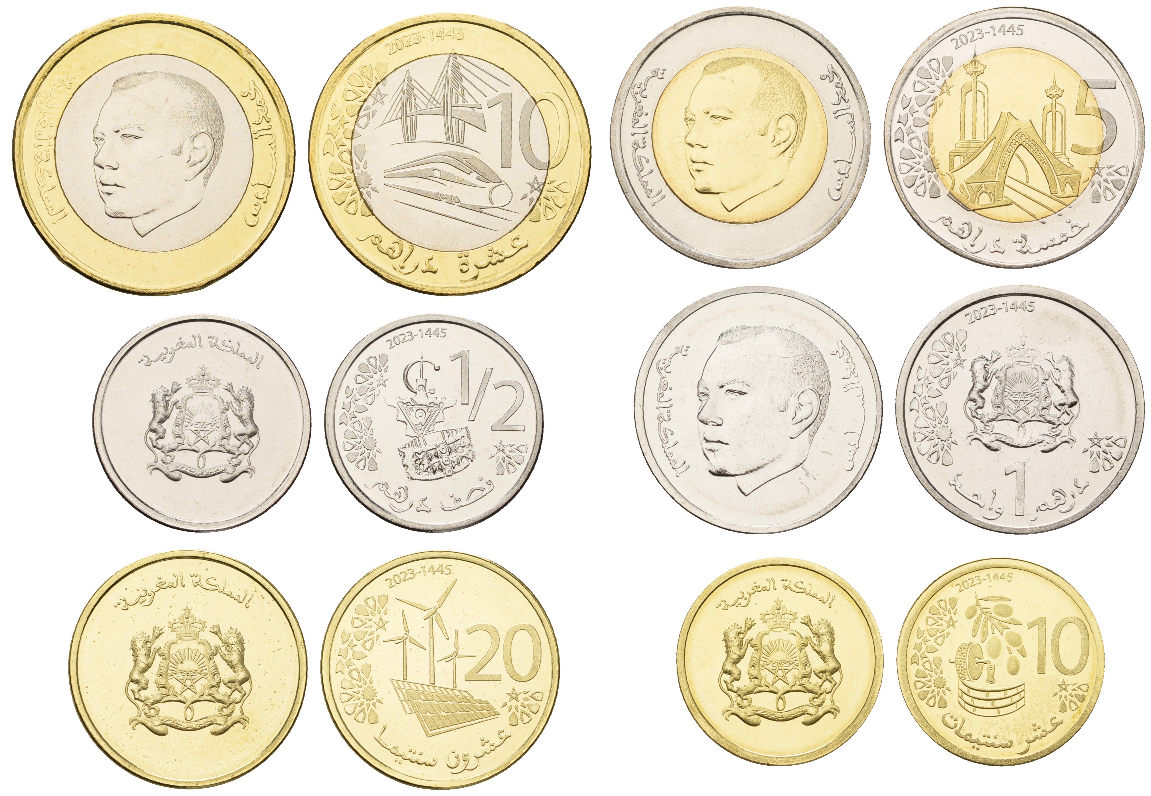Марокко лот из 6 монет 2023 10, 20 сантимов, 1/2, 1, 5 и 10 дирхамов  биметалл  UNC  M72-21
