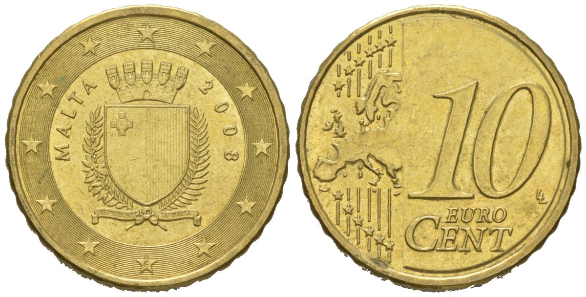 Мальта 10 евроцентов 2008 F KM 128 нордик UNC 4551-1026