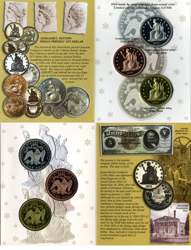 США набор из трех монет 1871 реплика серебрянного доллара, индийская принцесса, доморгановский типаж, в трех исполнениях, серебрение, позолота, медь, тираж 27500 экземпляров, в оригинальном картонном буклете    PROOF  1-6-4-67