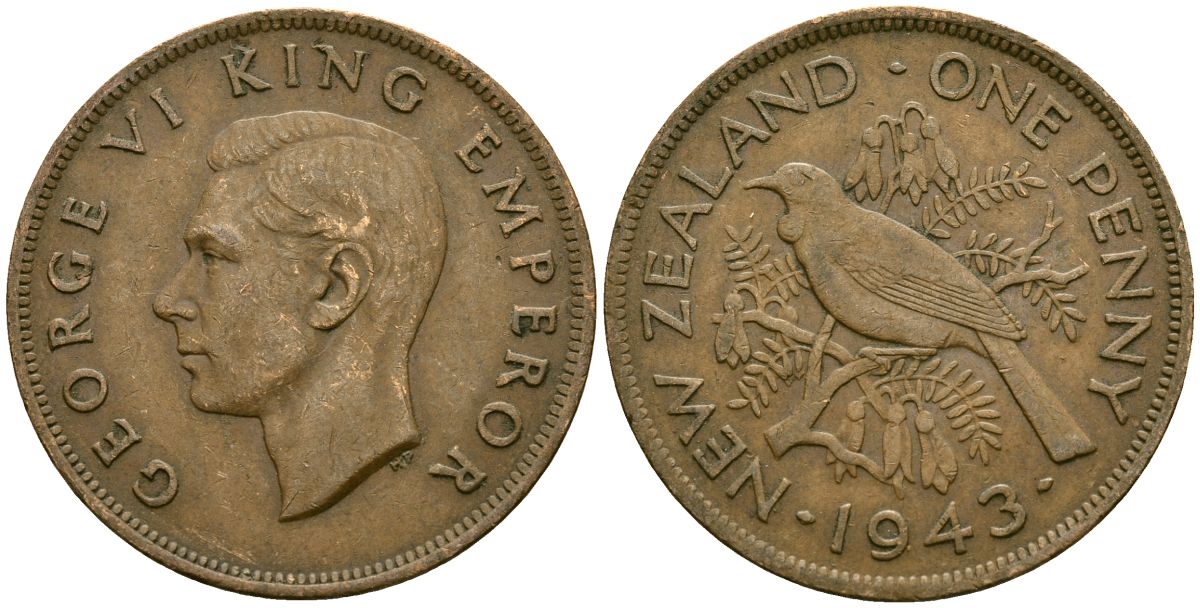 Новая Зеландия 1 пенни 1943 Георг VI (1936-1952), новозеландский туи KM 13 бронза 4165-1221
