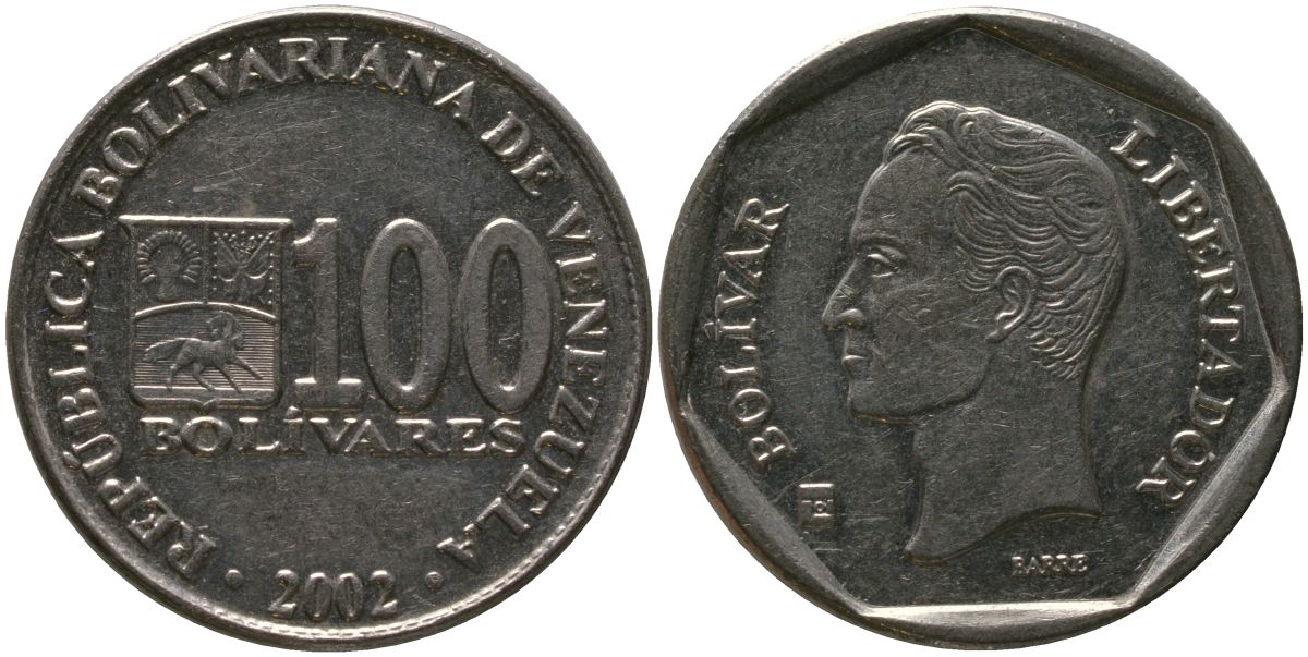 Венесуэла 100 боливаров 2002 KM 83, Schon 95 сталь плакированная никелем 4529-434