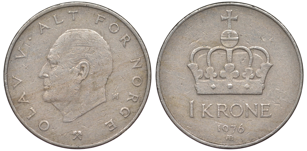 Норвегия 1 крона 1976 Олаф V KM 419 медно-никель 25-2156