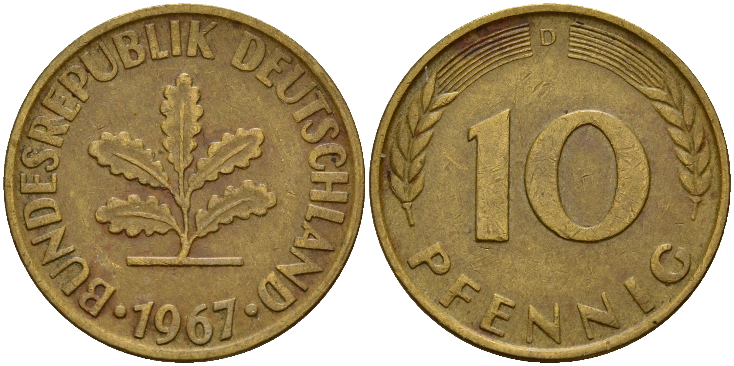 ФРГ 10 пфеннигов 1967 D J. 383, KM 108 сталь плакированная латунью    4603-331