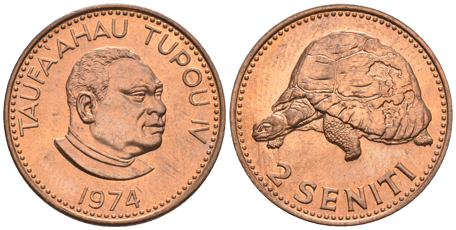 Тонга 2 сенити 1974 король Тауфа’ахау Тупоу IV (1967-2006), черепаха KM 28 бронза  UNC  220-1159