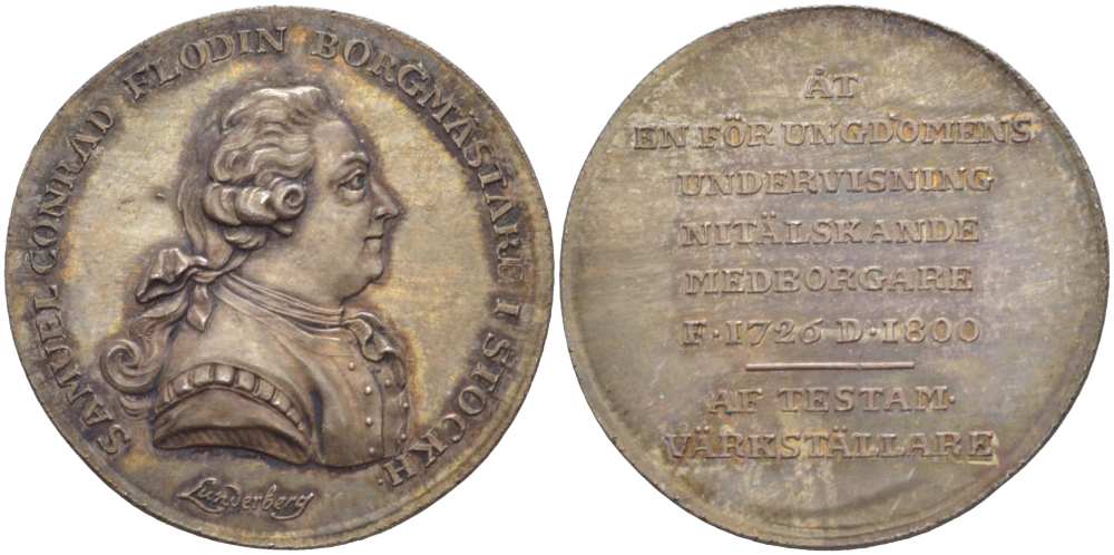 ШВЕЦИЯ МЕДАЛЬ ND ПАМЯТИ МЭРА СТОКГОЛЬМА САМУЭЛЯ КОНРАДА ФЛОРИНА (1726-1800), МЕДАЛЬЕР LUNDERBERY, ДИАМЕТР 34 ММ., ВЕС 12,4 ГР. серебро UNC 1084-2-43