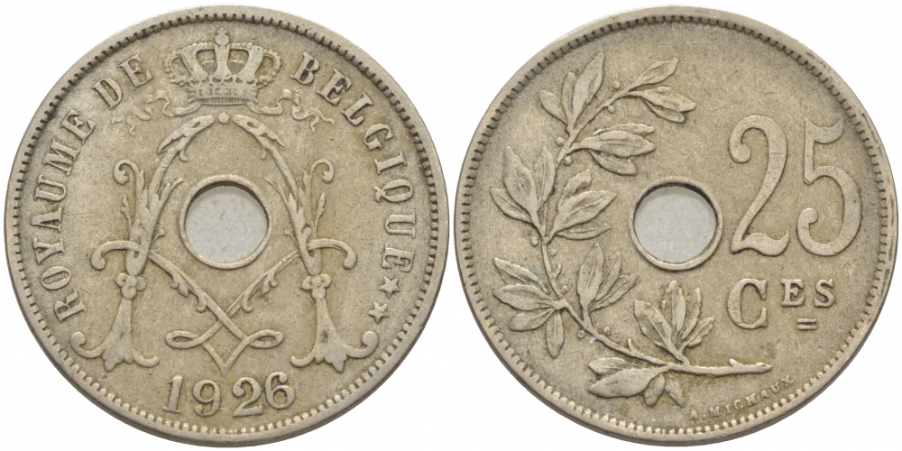 БЕЛЬГИЯ 25 САНТИМОВ 1926 BELGIQUE KM 68.1 медно-никель 4448-841