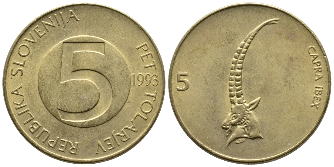 Словения 5 толаров 1993 ибекс, альпийский горный козел KM 6 латунь 4610-743