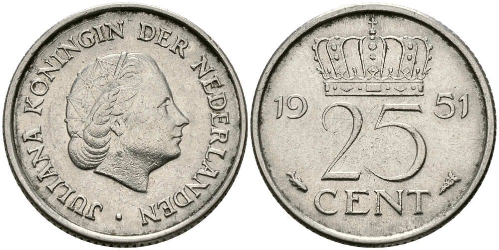 Нидерланды 25 центов 1951 Юлиана (1949-1980) KM 183 никель 96-126