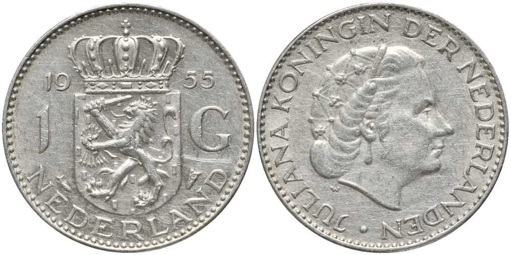 Нидерланды 1 гульден 1955 Юлиана (1948-1980) KM 184 серебро 202-554