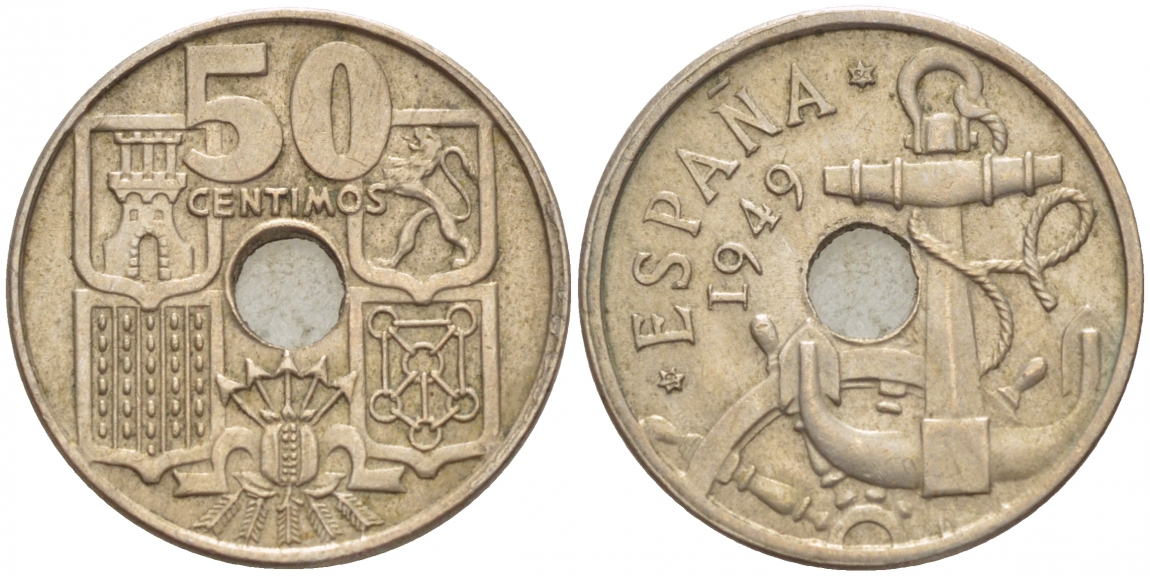 Испания 50 сентимо 1949 (54) Франсиско Франко (1939-1975), морская атрибутика KM 777 медно-никель 4547-1217