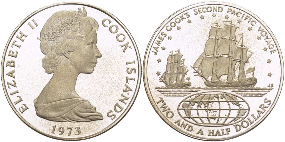 Острова Кука 2 1/2 доллара 1974 Джеймс Кук, второе путешествие, парусники KM 9 серебро PROOF 1085-7-22