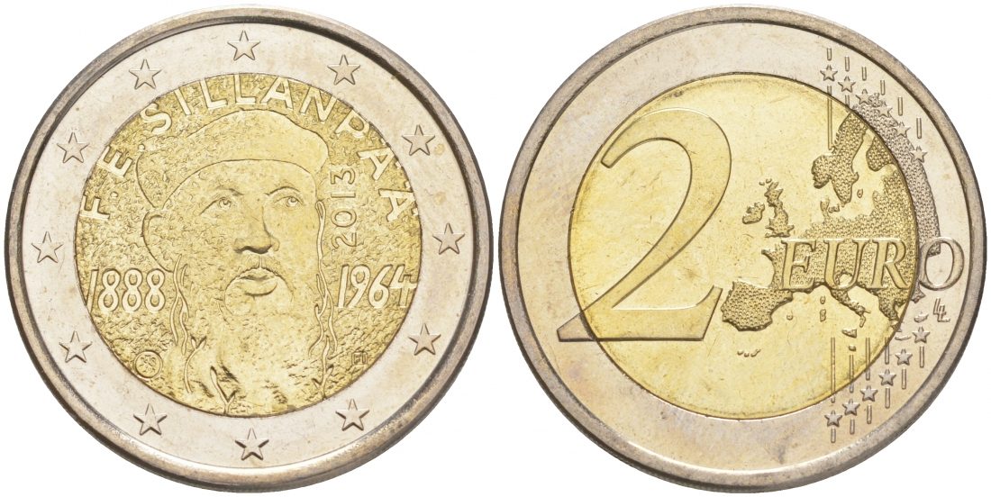 ФИНЛЯНДИЯ 2 ЕВРО 2013 125 ЛЕТ СО ДНЯ РОЖДЕНИЯ ФРАНСА ЭМИЛЯ СИЛЛАНЛЯЯ KM 193 биметалл UNC M38-9