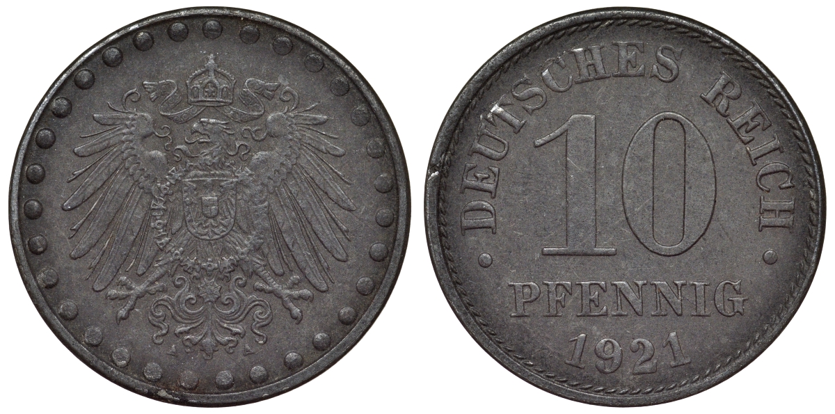 Германия 10 пфеннигов 1921 A KM 20, J. 298 железо 4119-247