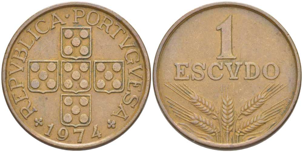 Португалия 1 эскудо 1974 KM 597 бронза 4517-446