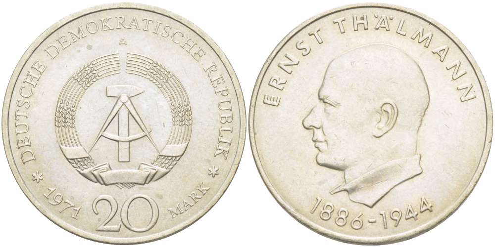 ГДР 20 марок 1971 A, 85 лет со дня рождения Эрнста Тельмана KM 34, J. 1535 медно-никель 4521-431