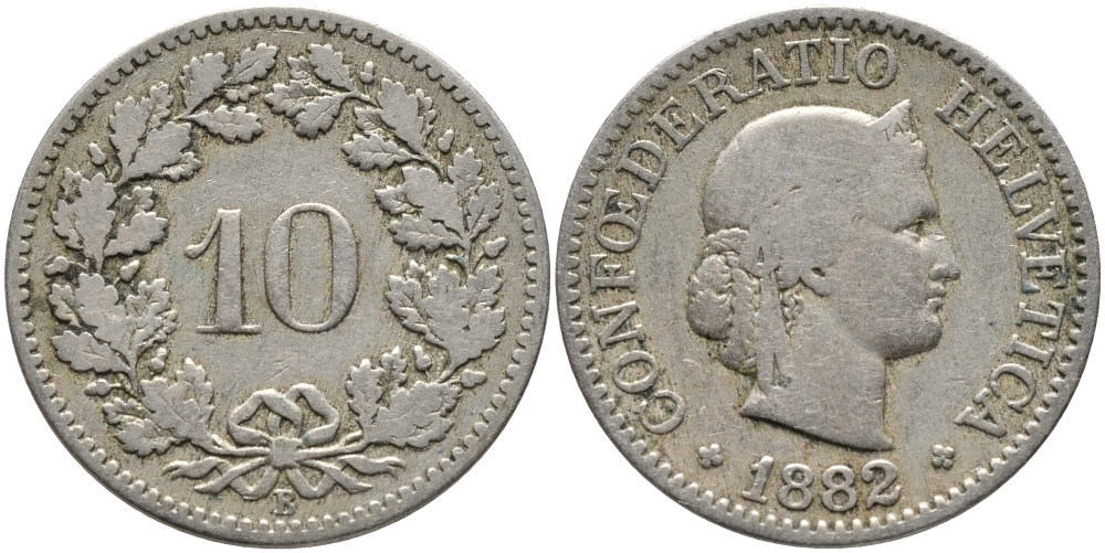 Швейцария 10 раппенов 1882 KM 27 медно-никель 4392-1254