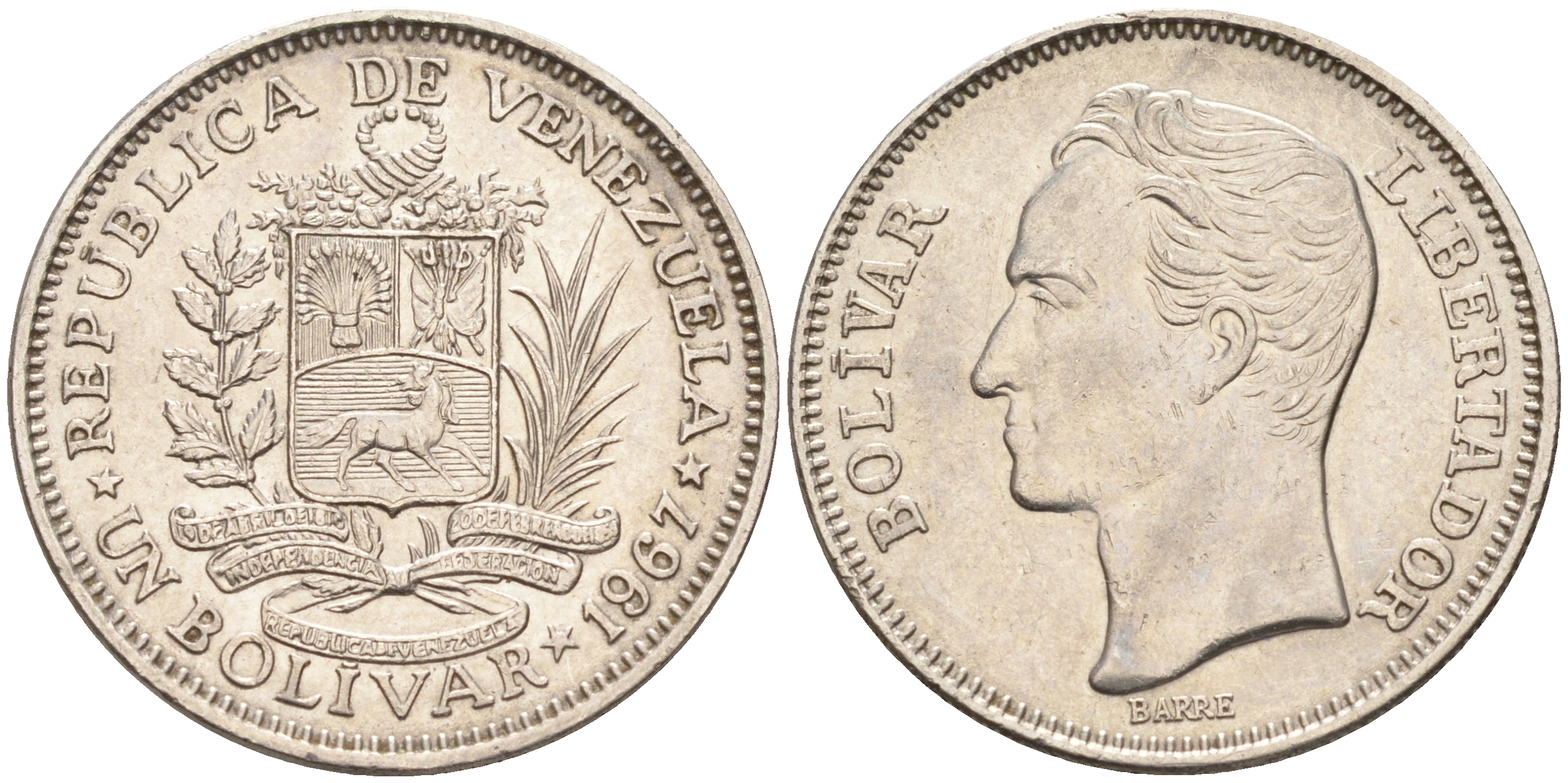 Венесуэла 1 боливар 1967 Симон Боливар KM 42 никель 63-925