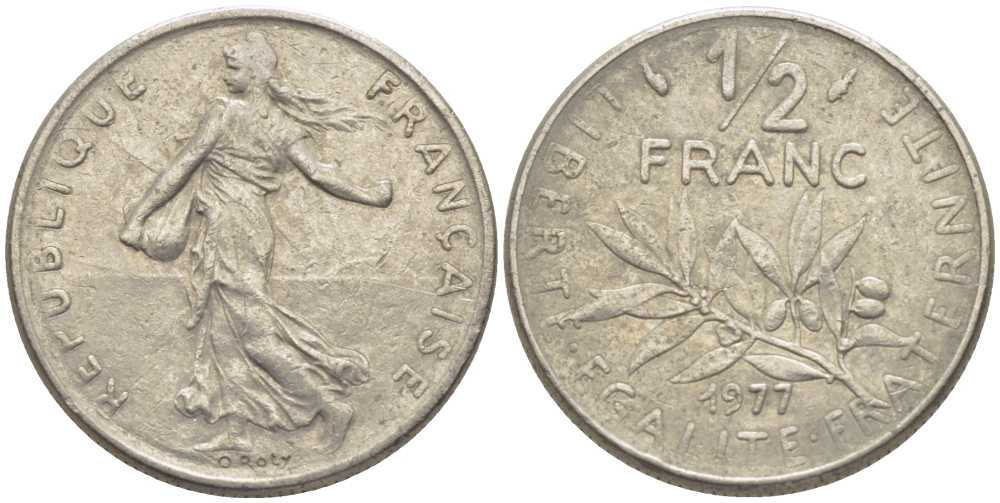 ФРАНЦИЯ 1/2 ФРАНКА 1977 СЕЯТЕЛЬ KM 931.1, LE FRANC 198.16 никель 175-953
