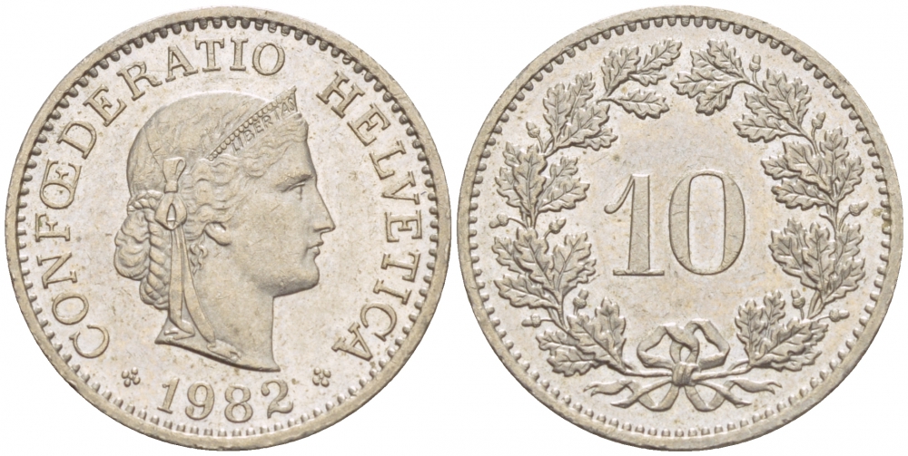 Швейцария 10 раппенов 1982 KM 27 медно-никель 51-352
