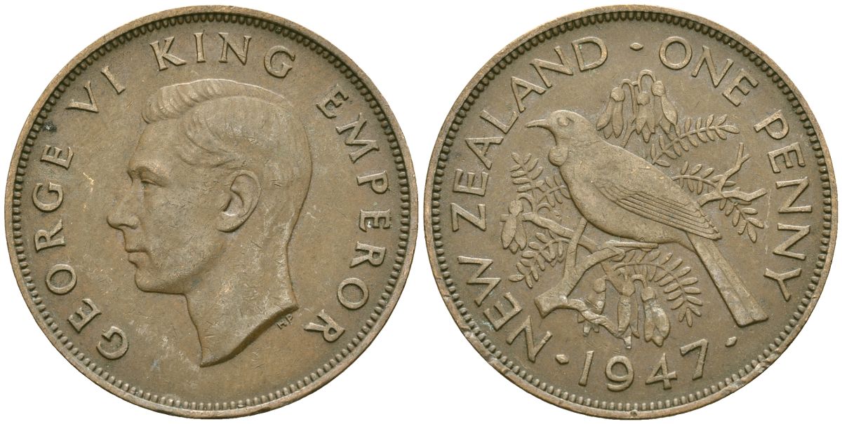 Новая Зеландия 1 пенни 1947 Птица Туи, Король Георг VI (1937 - 1952) KM 13 бронза 97-841
