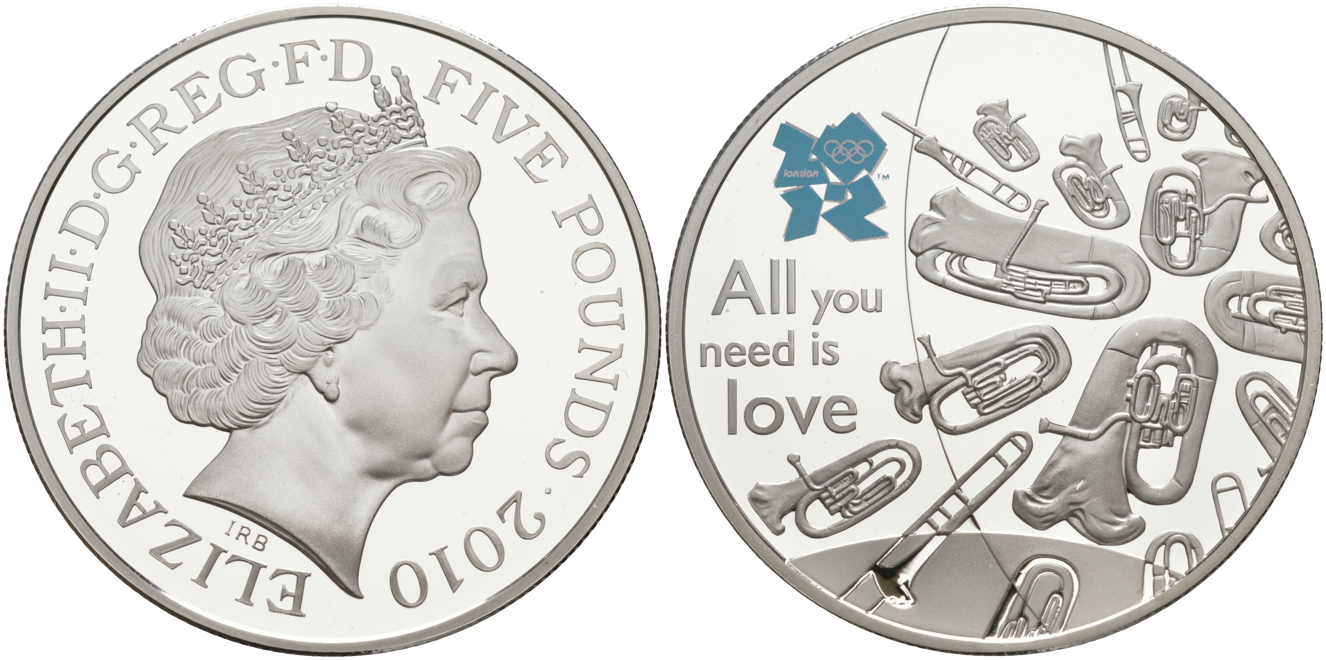 Великобритания 5 фунтов 2010 Елизавета II (1952-2022), XXX летние Олимпийские Игры в Лондоне в 2012, британская музыка KM 1149, Spink LO53 серебро PROOF 02-115-13