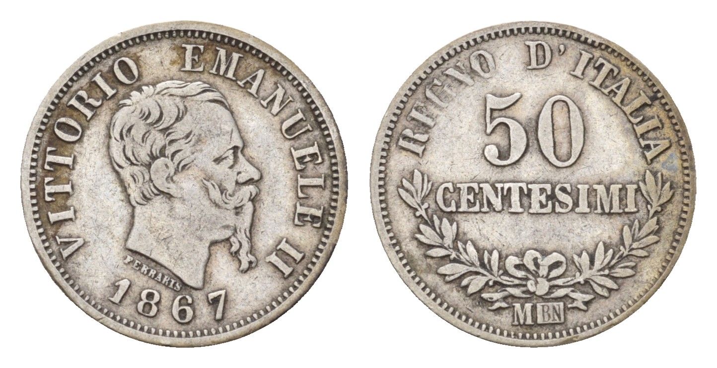 Италия 50 чентезимо 1867 M, Виктор Эммануил II (1861-1878) KM 14.1 серебро 272-944