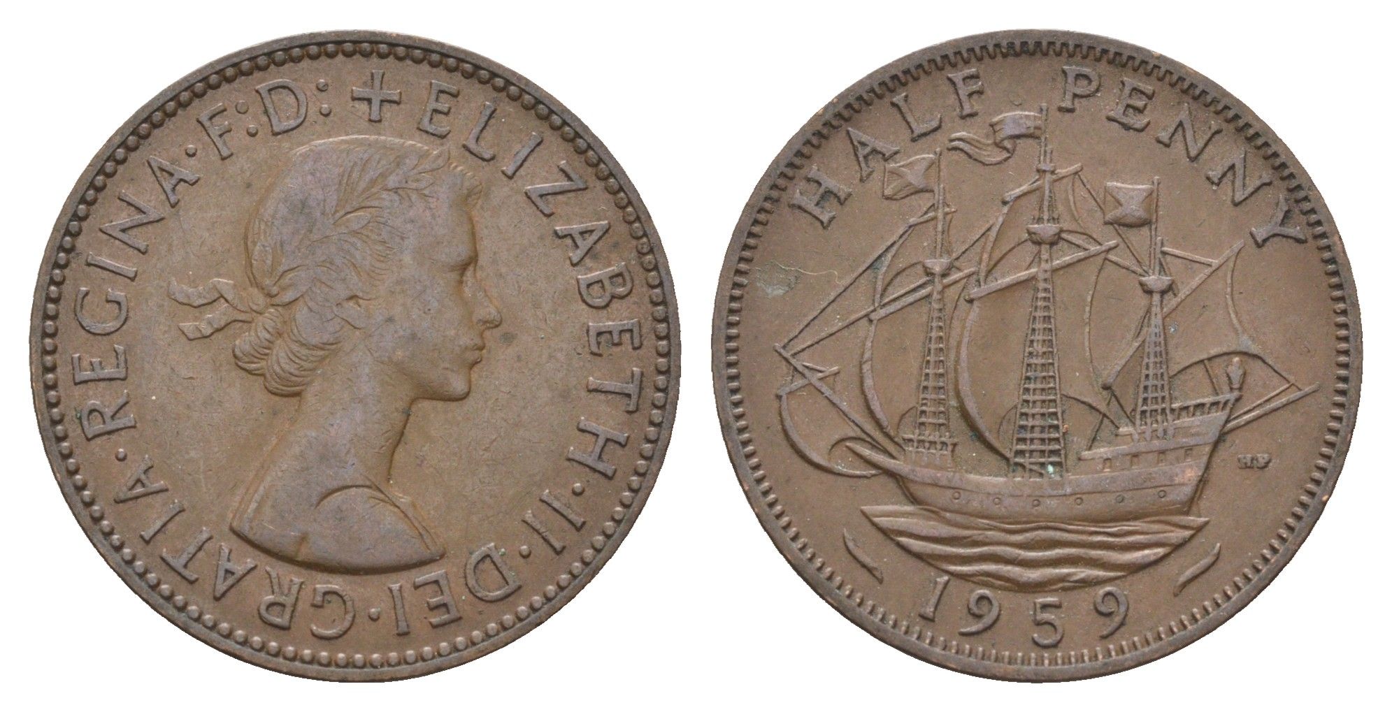 Великобритания 1/2 пенни 1959 Елизавета II (1952-2022) KM 896, Spink 4158 бронза 4662-1151