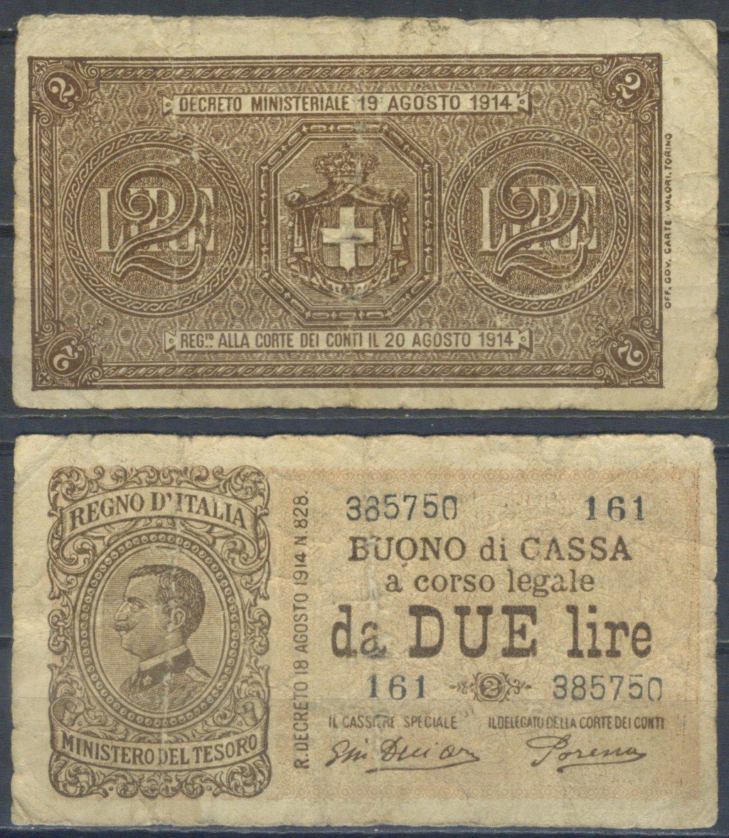 Италия 2 лиры 1914 Pick 37 c бумага 8601-24-1-1