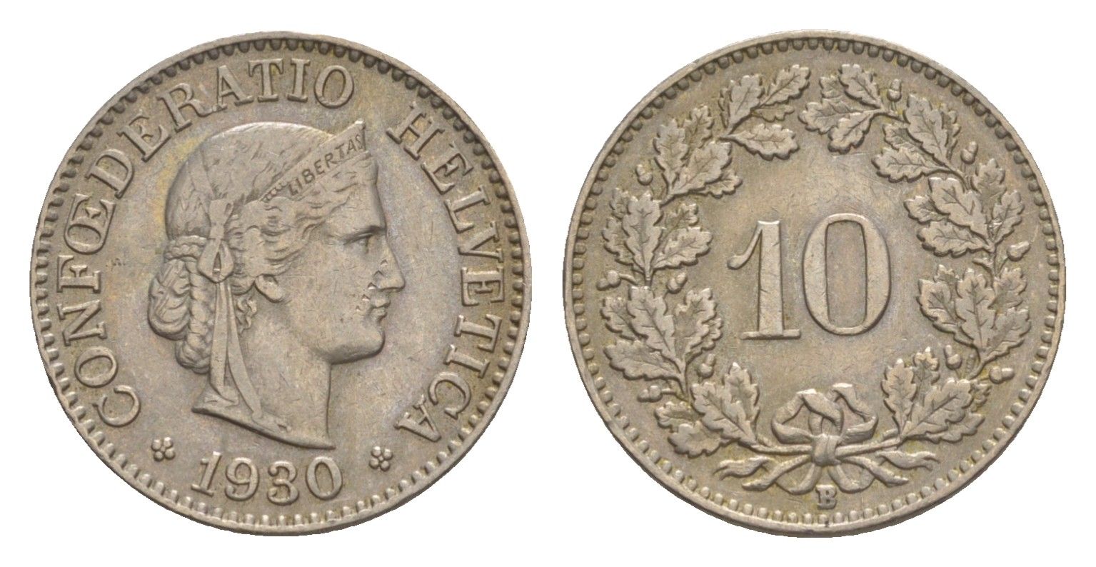 Швейцария 10 раппенов 1930 B KM 27 медно-никель 4609-414
