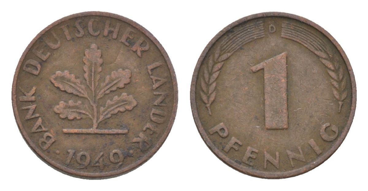 ФРГ 1 пфенниг 1949 D KM A101 сталь плакированная бронзой 4625-1131