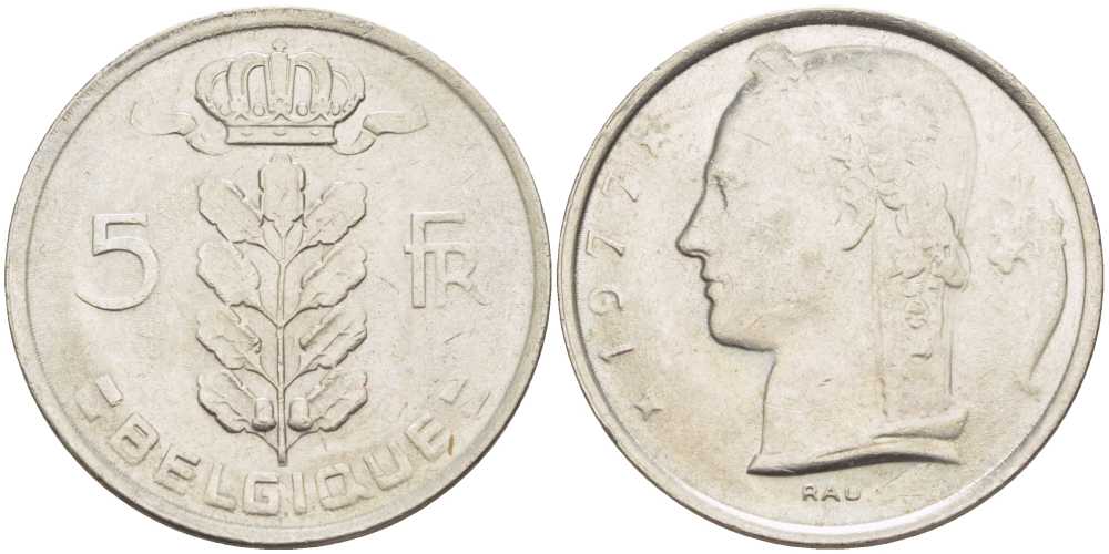БЕЛЬГИЯ 5 ФРАНКОВ 1977 BELGIQUE, БОДУЭН I (1951-1993) KM 134.1 медно-никель 213-622