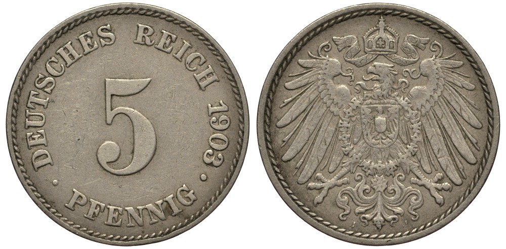 ГЕРМАНИЯ 5 ПФЕННИГОВ 1903 J, KM 11, J. 12 медно-никель 413-5413