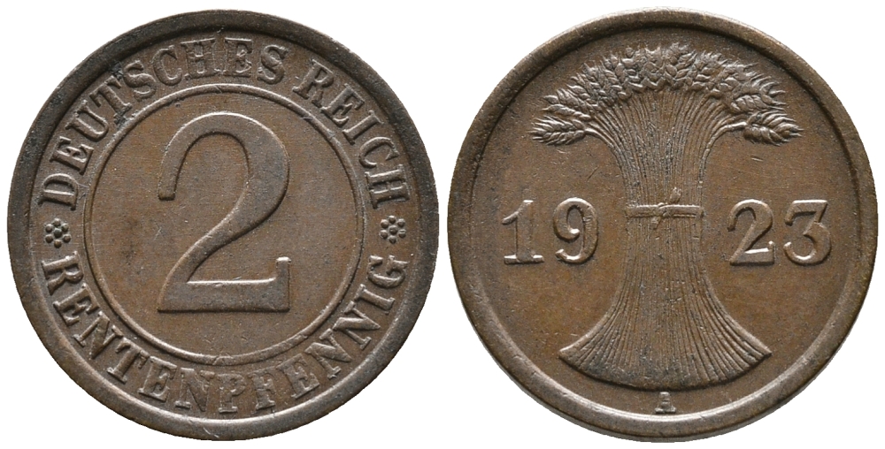 ГЕРМАНИЯ 2 РЕНТЕНПФЕННИГА 1923 A KM 31, J. 307 бронза 24-416