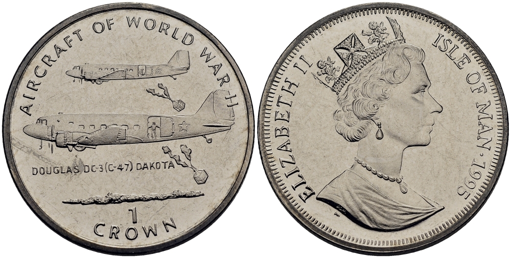 Остров Мэн 1 крона 1995 самолеты II-ой мировой войны, Дуглас DC-3 Дакота КМ 518 медно-никель UNC M80-11