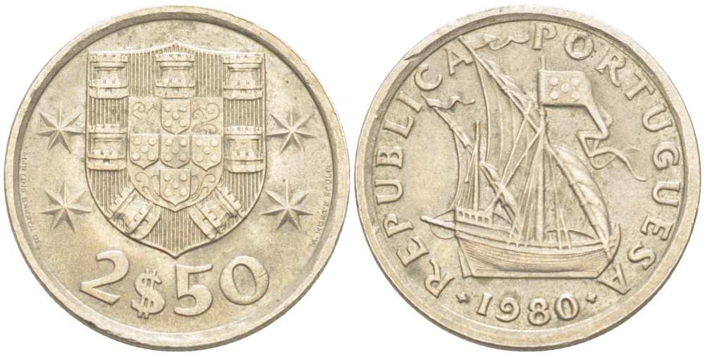 Португалия 2,5 эскудо 1980 парусник KM 590 медно-никель 4513-1153