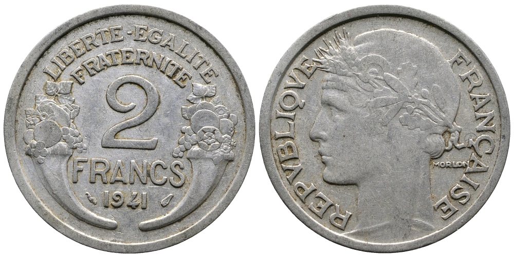 Франция 2 франка 1941 KM 886а.1 алюминий 83-1947