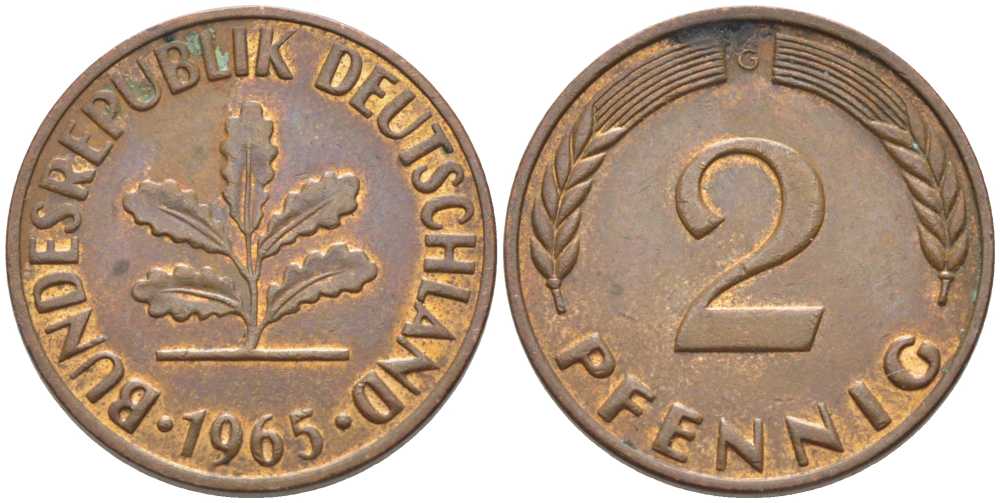 ФРГ 2 ПФЕННИГА 1965 G KM 106, J. 381 бронза 116-323