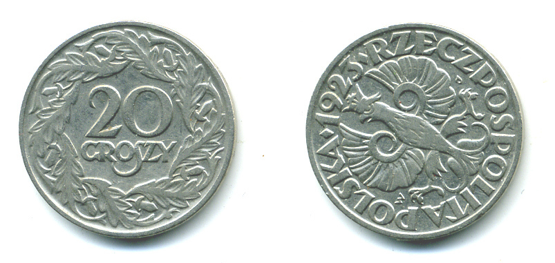 ПОЛЬША 20 ГРОШЕЙ 1923 KM 12 никель 4383-169