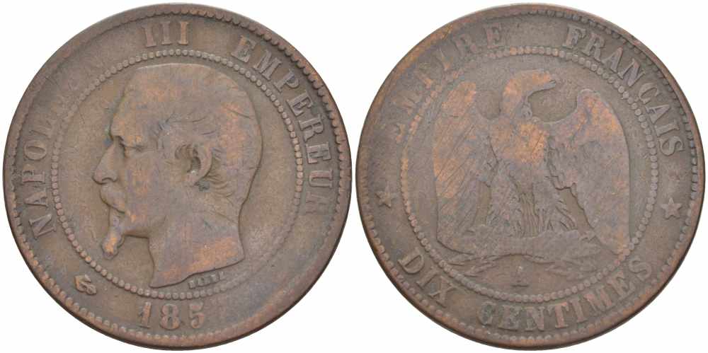 Франция 10 сантимов 1857 A, Наполеон III (1852-1870) KM 771.1, Le Franc 133.39 бронза    4680-642