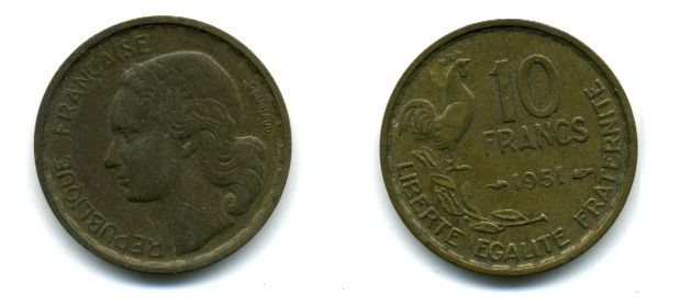 Франция 10 франков 1951 петух KM 915.1, Le Franc 363.4 алюминиевая бронза 58-452