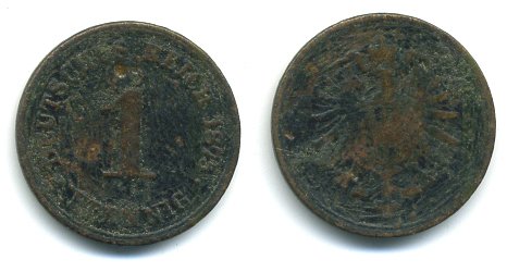 ГЕРМАНИЯ 1 ПФЕННИГ 1875 А, СТАРОГЕРБОВКА KM 1, J. 1 медь 29-243