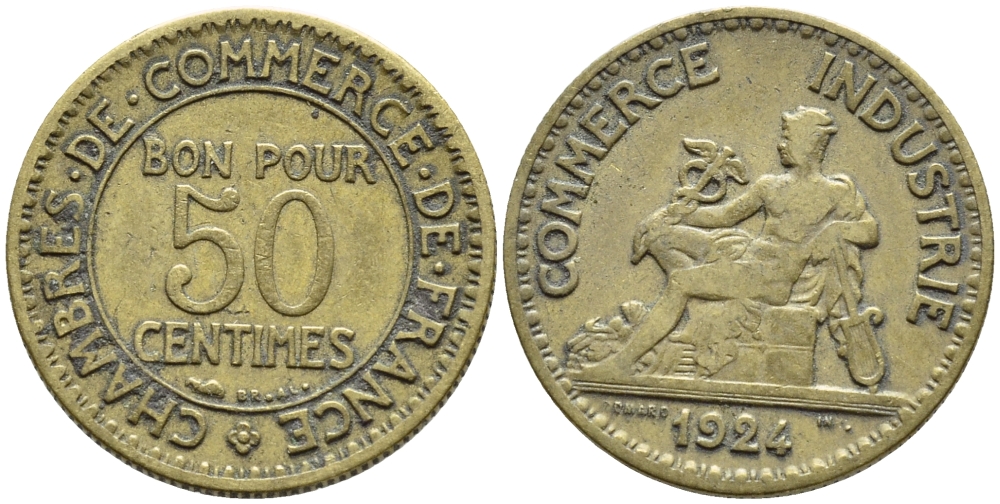 ФРАНЦИЯ 50 САНТИМОВ 1924 KM 834 алюминиевая бронза 4392-738