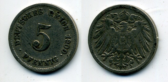 ГЕРМАНИЯ 5 ПФЕННИГОВ 1900 J, KM 11, J. 12 медно-никель 58-1242
