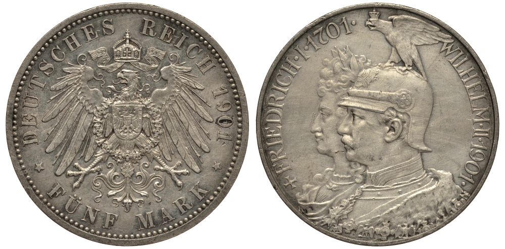 Пруссия 5 марок 1901 A, 200 лет Прусской королевской династии (Фридрих I - Вильгельм II) KM 526, J.106 серебро aUNC 3711-333