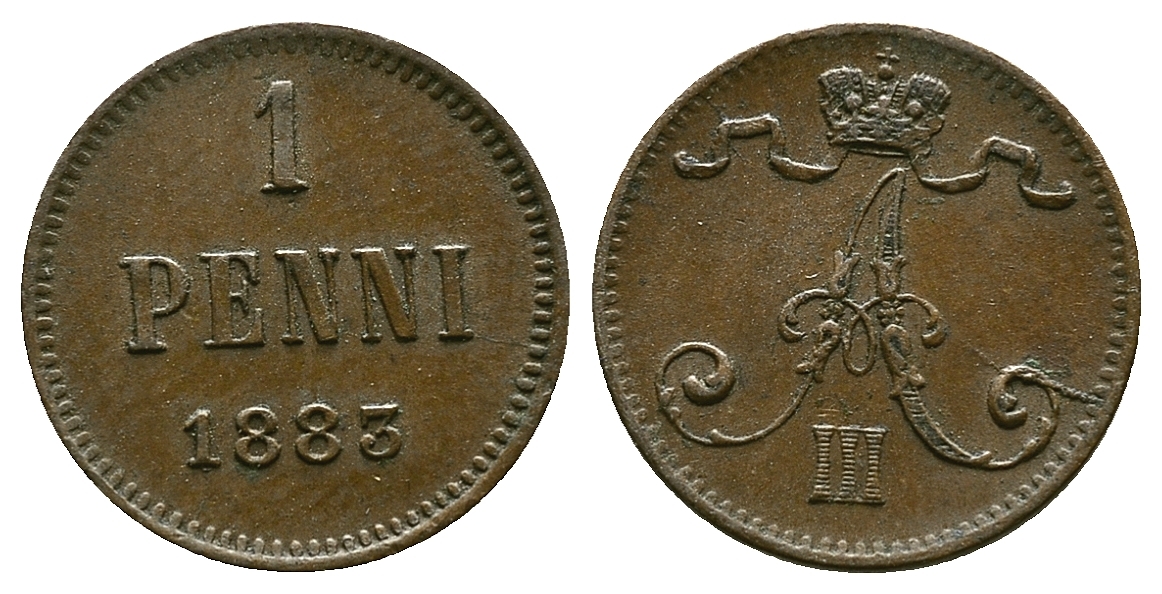 РОССИЯ ДЛЯ ФИНЛЯНДИИ 1 ПЕННИ 1883 АЛЕКСАНДР III KM 10, Биткин 251 медь 4383-438